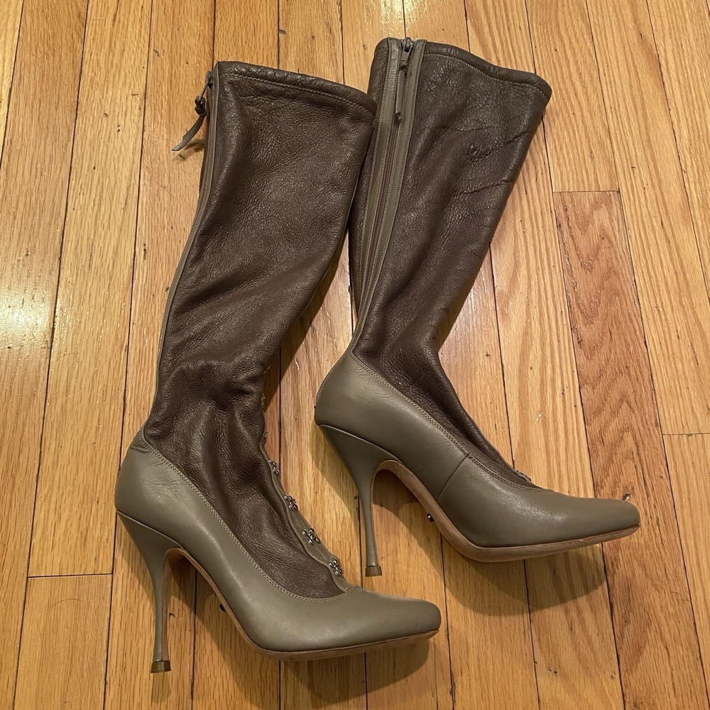 Jerome Rousseau Taupe Leather Knee High Shearling Lined Heels 36.5 $995